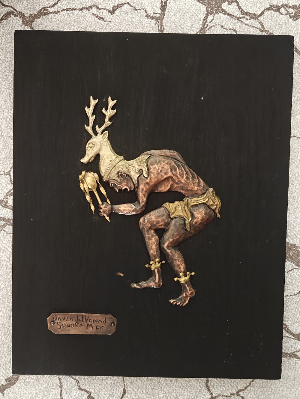 Vintage Sonora Mexico Danza de la venado or Deer Dance Copper On Wood Wall Art